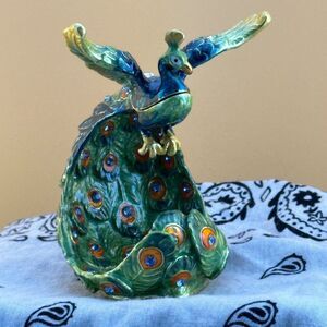 Keren Kopal Colorful Peacock Trinket Box Jeweled Enameled Figurine Collectible